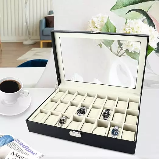 صندوق ساعة من جلد البولي يوريثين مكون من 24 فتحة مع مفتاح وقفل