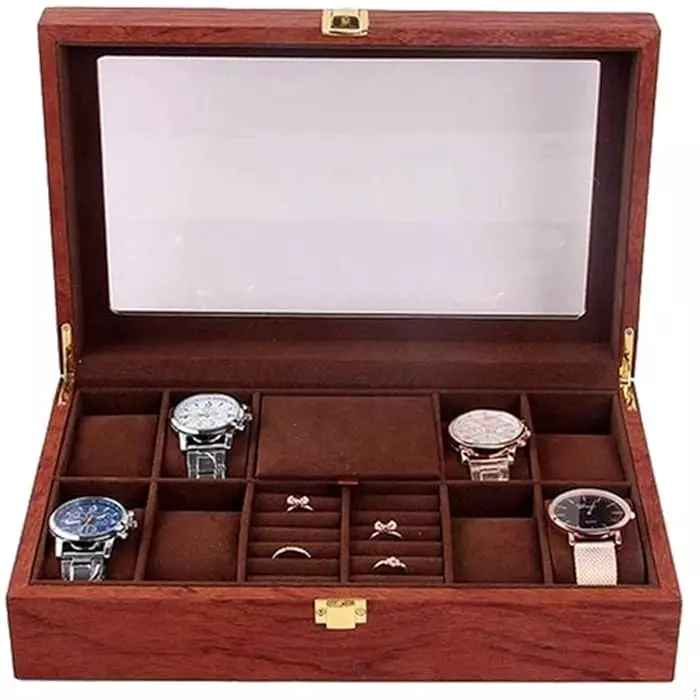 صندوق عرض ساعات خشبي عتيق مكون من 8 شبكات مع غطاء علوي شفاف وقفل أمان لتخزين المجوهرات والساعات والخواتم