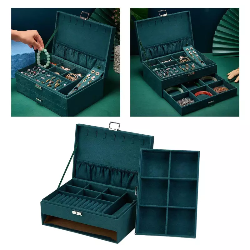 صندوق تخزين مجوهرات مخملي محمول للأقراط والقلائد والساعات - طبقتان - أخضر